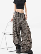 Gray /brown Leopard Print Elastic Waist Wide Leg Casual Pants - EveningVerse - 1