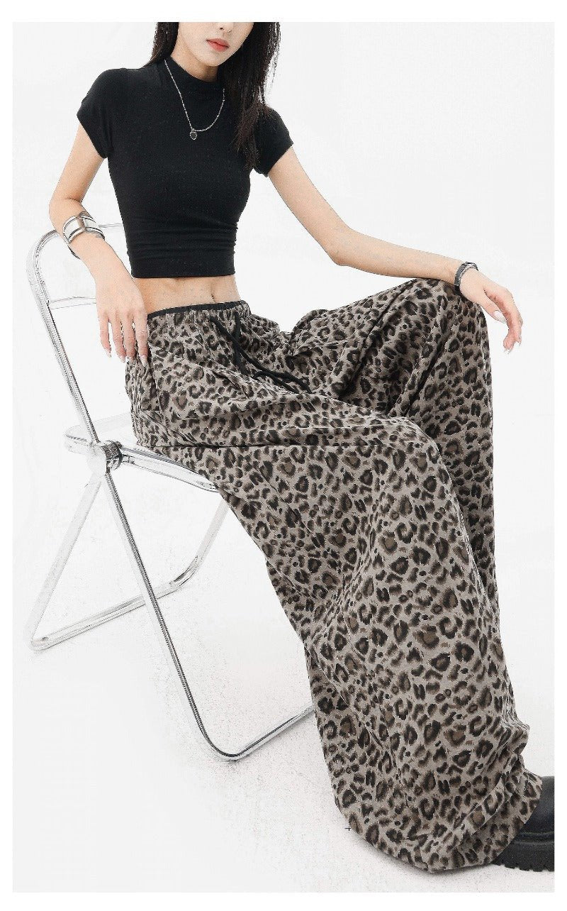 Gray /brown Leopard Print Elastic Waist Wide Leg Casual Pants - EveningVerse - 7