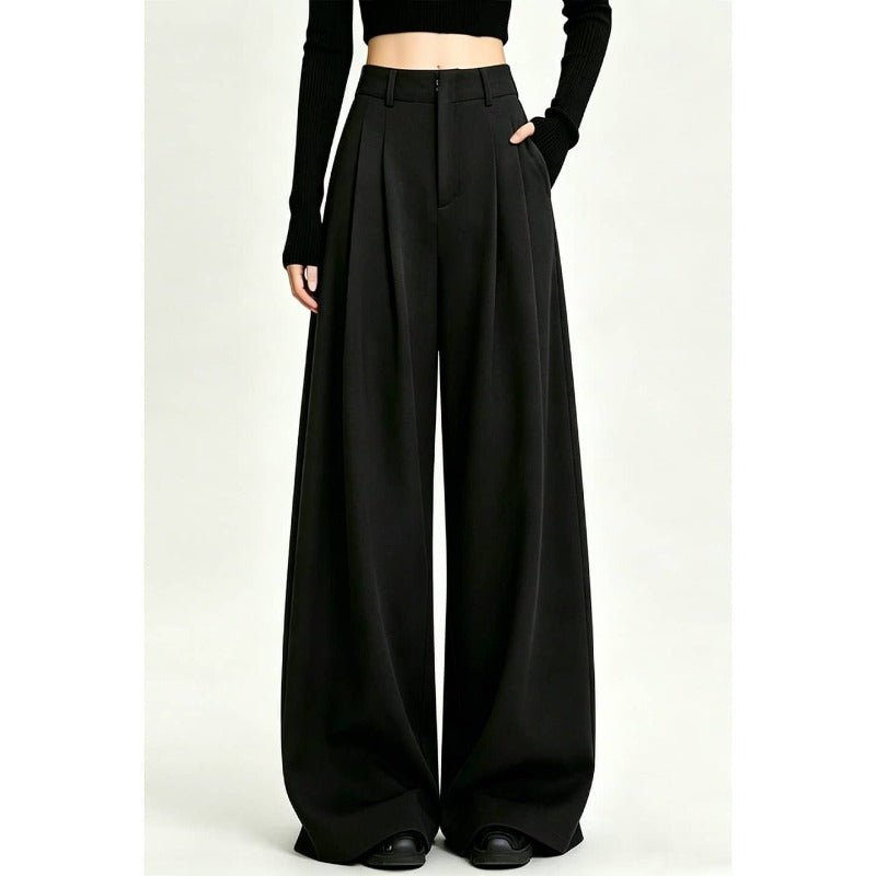 Gray/Black Pleated High Waist Wide Leg Extra Long Pants - EveningVerse - 11