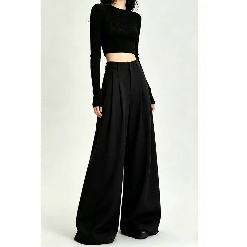 Gray/Black Pleated High Waist Wide Leg Extra Long Pants - EveningVerse - 5