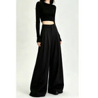 Gray/Black Pleated High Waist Wide Leg Extra Long Pants - EveningVerse - 5