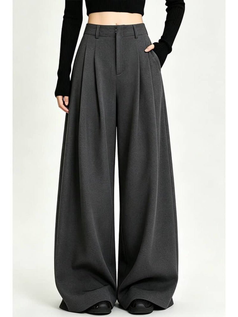 Gray/Black Pleated High Waist Wide Leg Extra Long Pants - EveningVerse - 10
