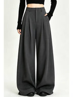 Gray/Black Pleated High Waist Wide Leg Extra Long Pants - EveningVerse - 10