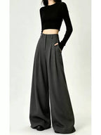Gray/Black Pleated High Waist Wide Leg Extra Long Pants - EveningVerse - 9