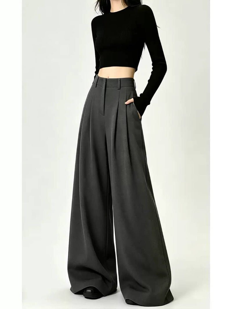 Gray/Black Pleated High Waist Wide Leg Extra Long Pants - EveningVerse - 9