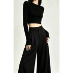 Gray/Black Pleated High Waist Wide Leg Extra Long Pants - EveningVerse - 7