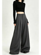 Gray/Black Pleated High Waist Wide Leg Extra Long Pants - EveningVerse - 3