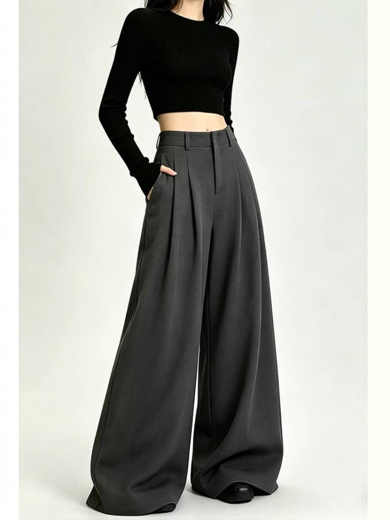 Gray/Black Pleated High Waist Wide Leg Extra Long Pants - EveningVerse - 2