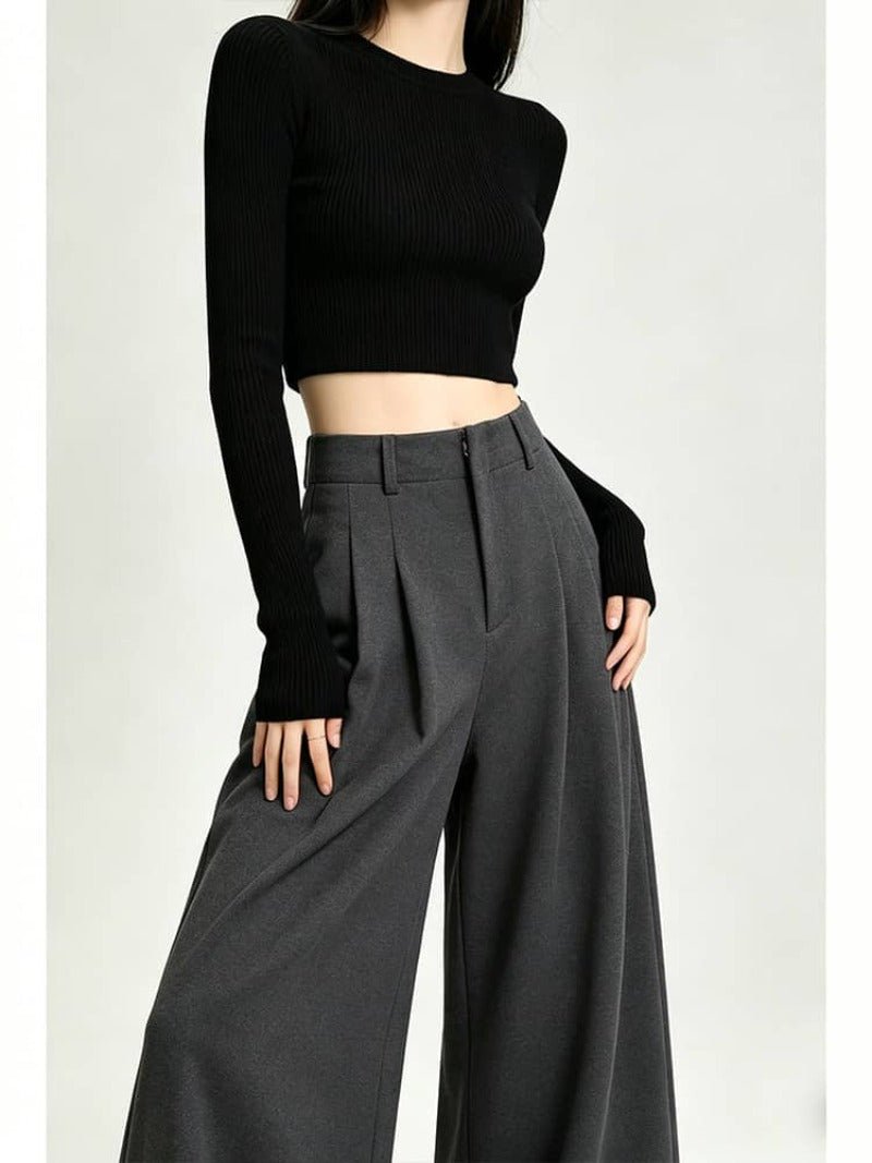 Gray/Black Pleated High Waist Wide Leg Extra Long Pants - EveningVerse - 1 Main image