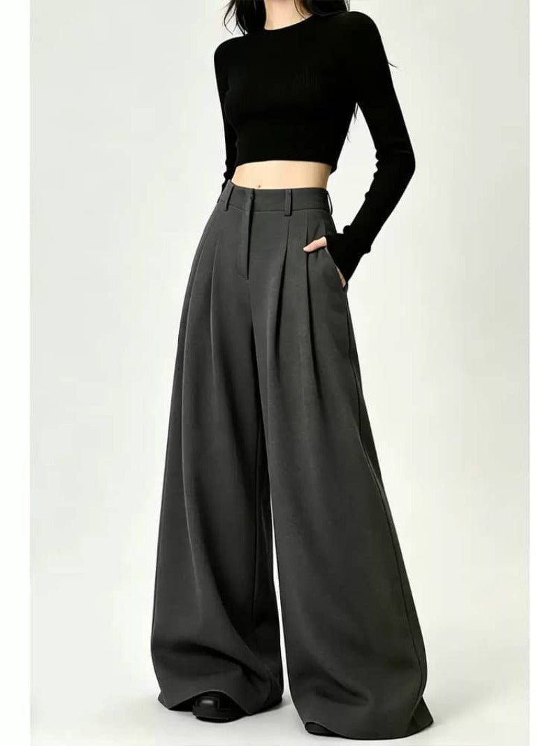 Gray/Black Pleated High Waist Wide Leg Extra Long Pants - EveningVerse - 4