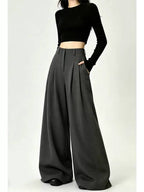 Gray/Black Pleated High Waist Wide Leg Extra Long Pants - EveningVerse - 4
