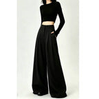 Gray/Black Pleated High Waist Wide Leg Extra Long Pants - EveningVerse - 8