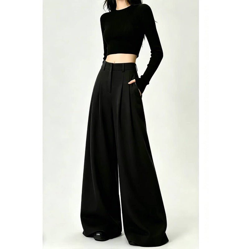 Gray/Black Pleated High Waist Wide Leg Extra Long Pants - EveningVerse - 8