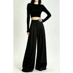 Gray/Black Pleated High Waist Wide Leg Extra Long Pants - EveningVerse - 6