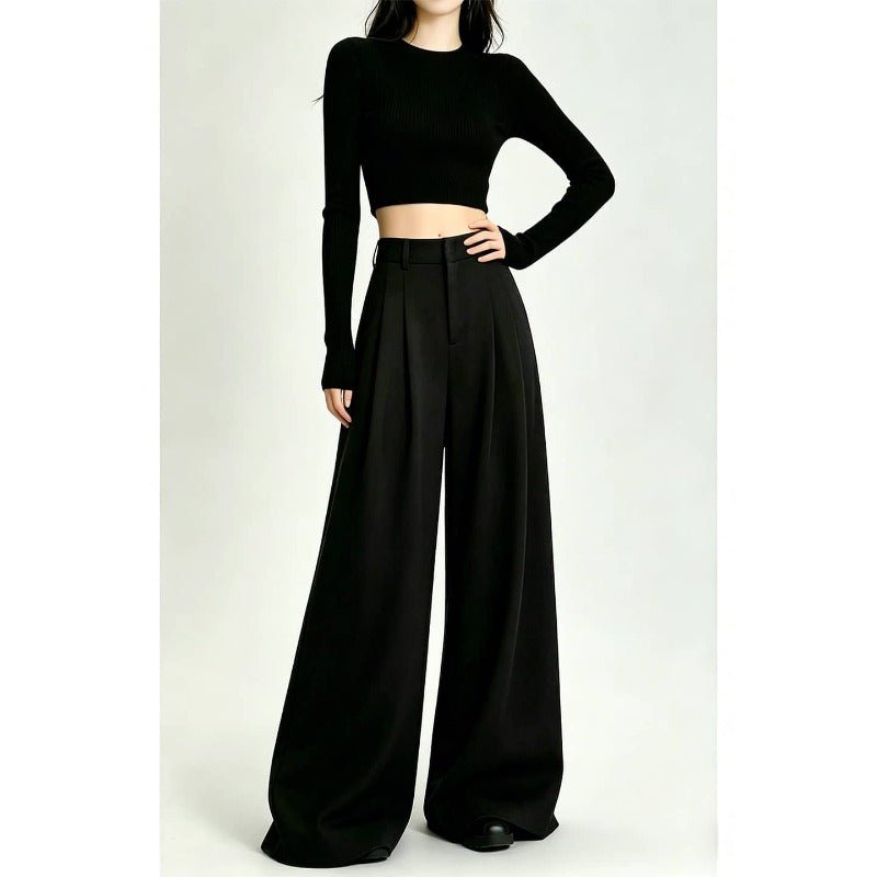 Gray/Black Pleated High Waist Wide Leg Extra Long Pants - EveningVerse - 6