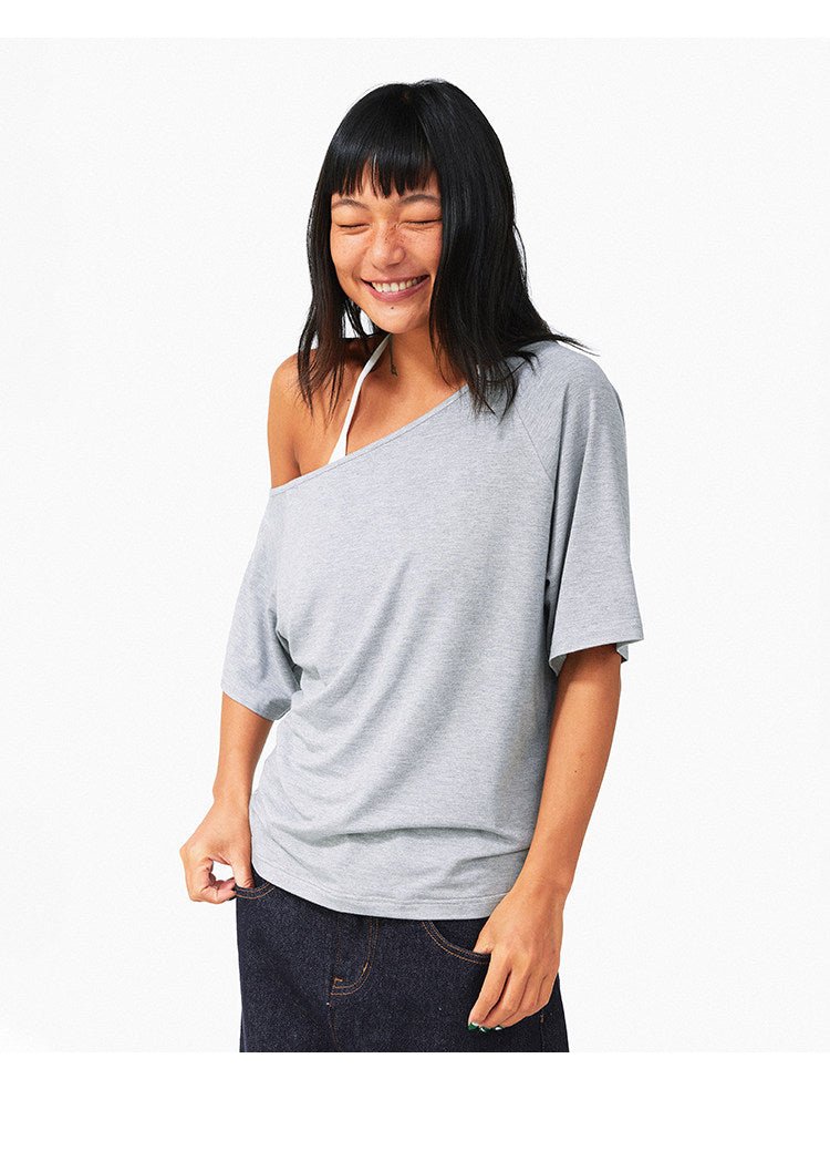 Grey Black Off Shoulder Loose Fit Bamboo Fiber Short Sleeve Top Secondary image