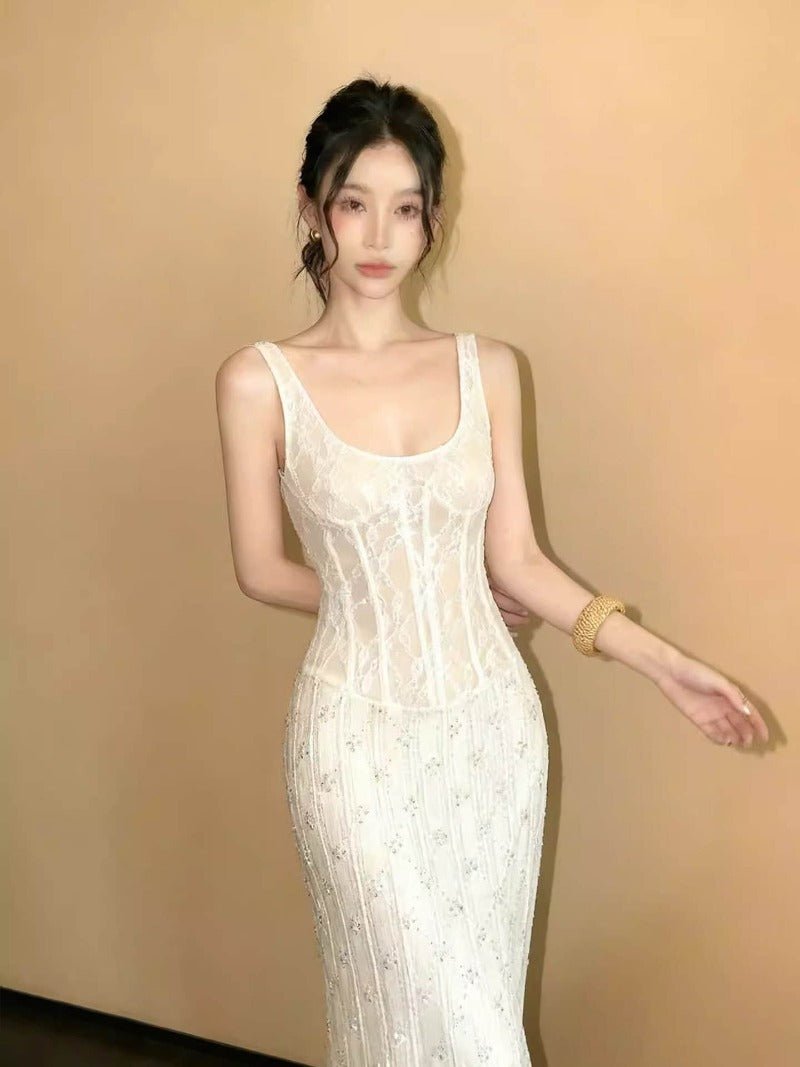 Ivory Lace Corset Square Neck Bodycon Maxi Dress - EveningVerse - 9