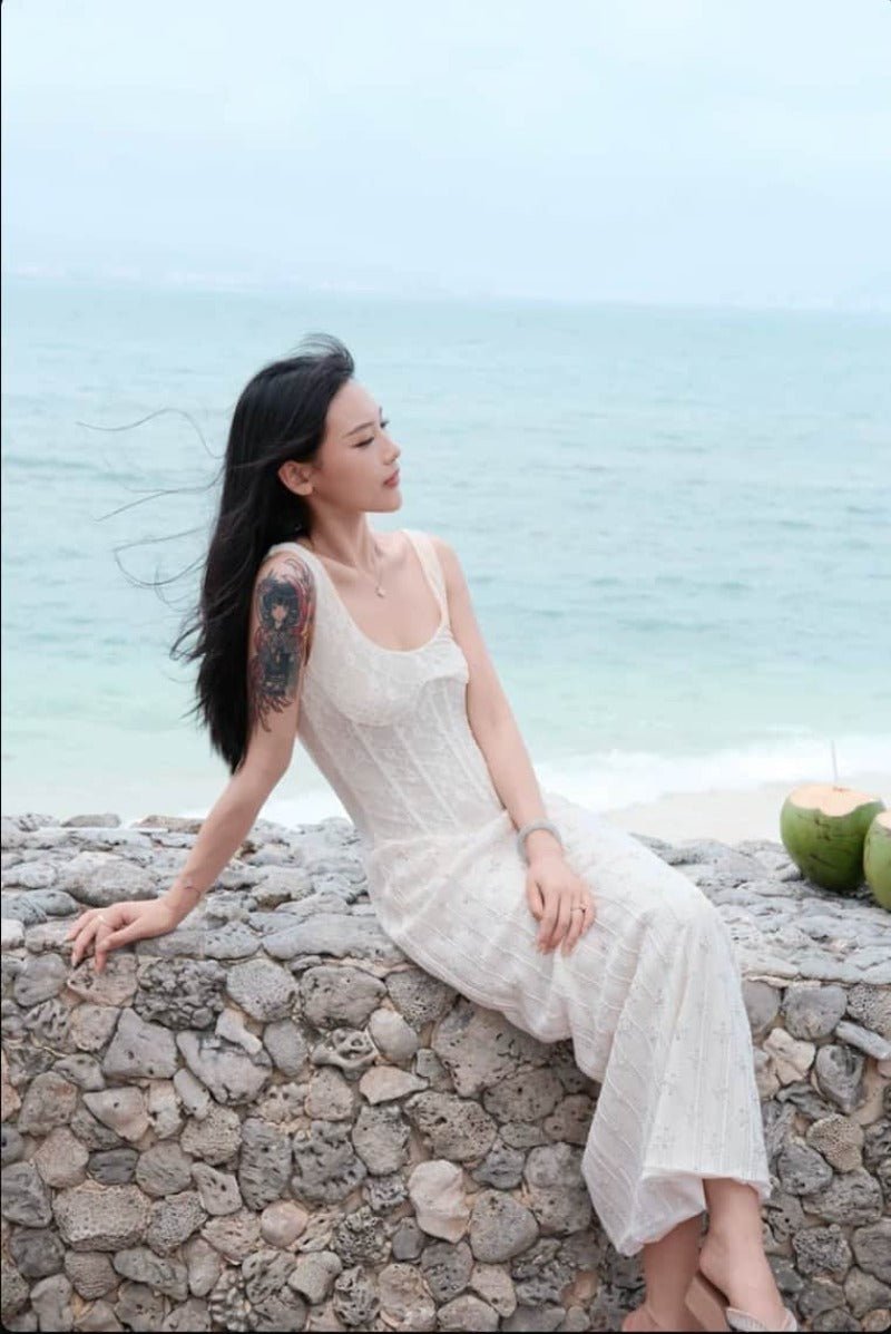Ivory Lace Corset Square Neck Bodycon Maxi Dress - EveningVerse - 3