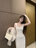 Ivory Lace Corset Square Neck Bodycon Maxi Dress - EveningVerse - 4