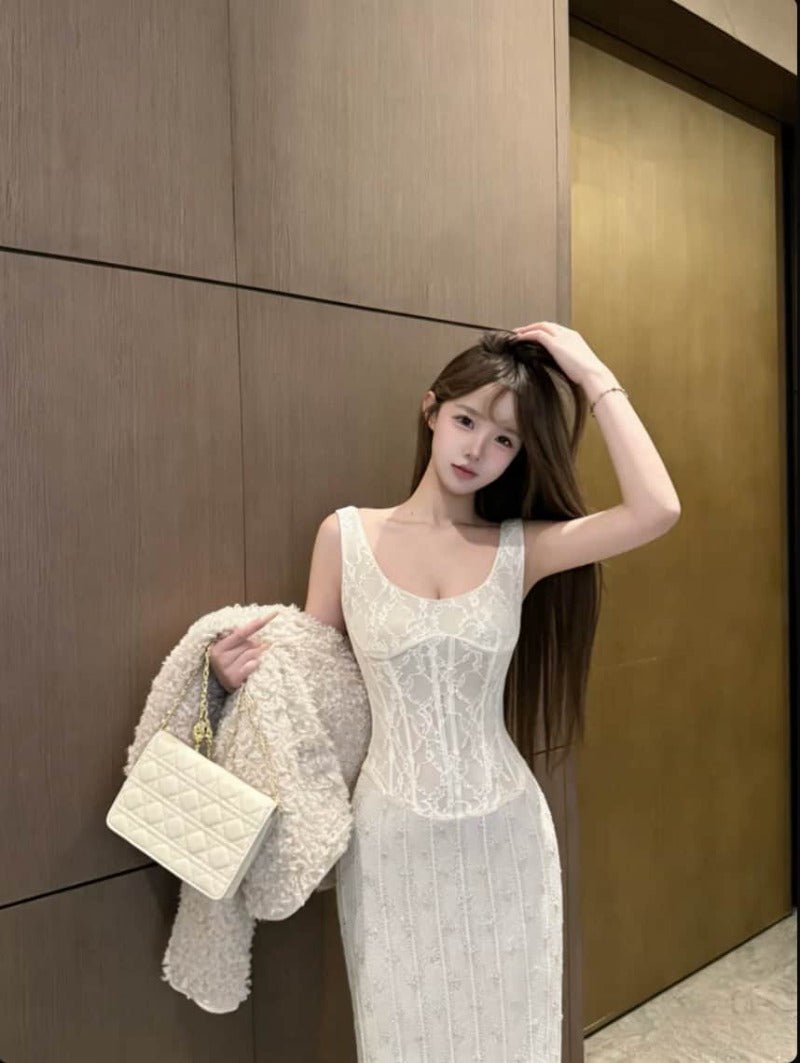 Ivory Lace Corset Square Neck Bodycon Maxi Dress - EveningVerse - 4