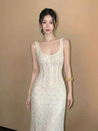 Ivory Lace Corset Square Neck Bodycon Maxi Dress - EveningVerse - 6