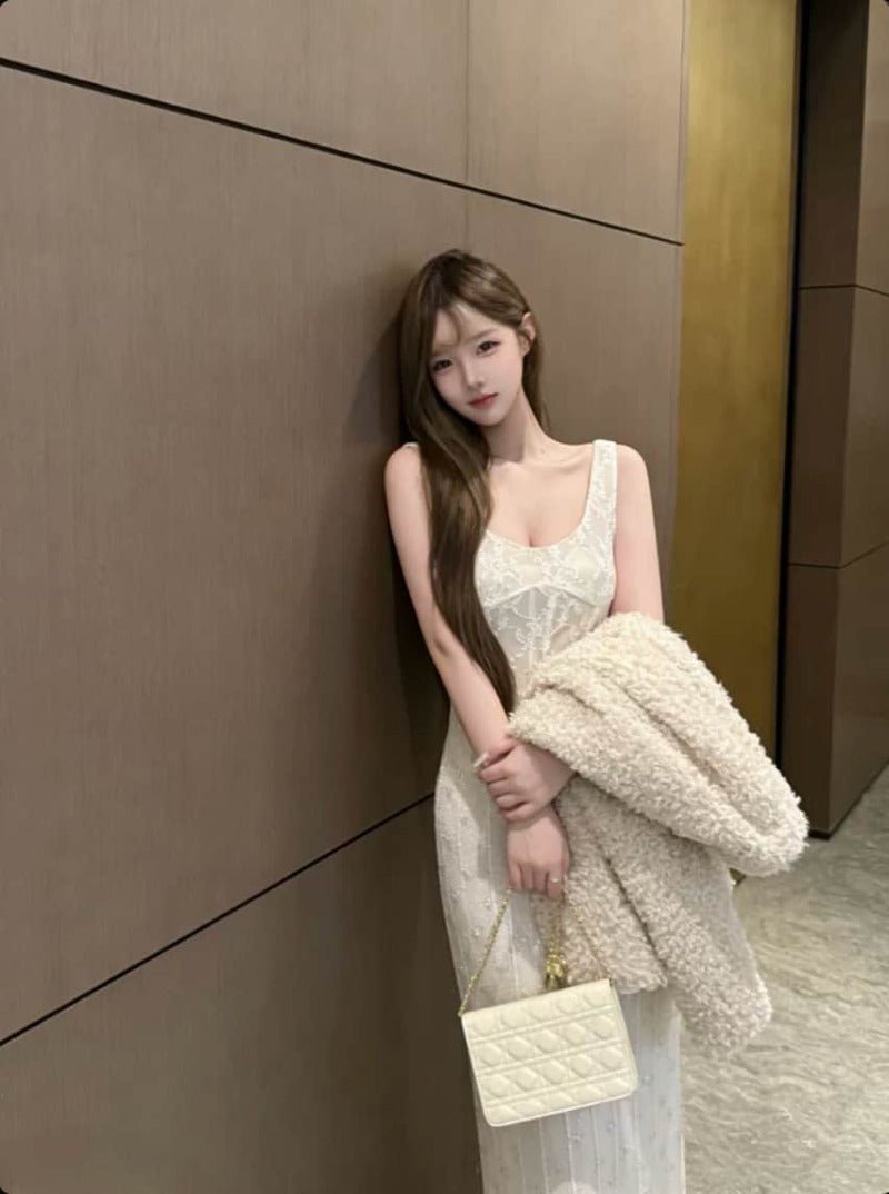Ivory Lace Corset Square Neck Bodycon Maxi Dress - EveningVerse - 5