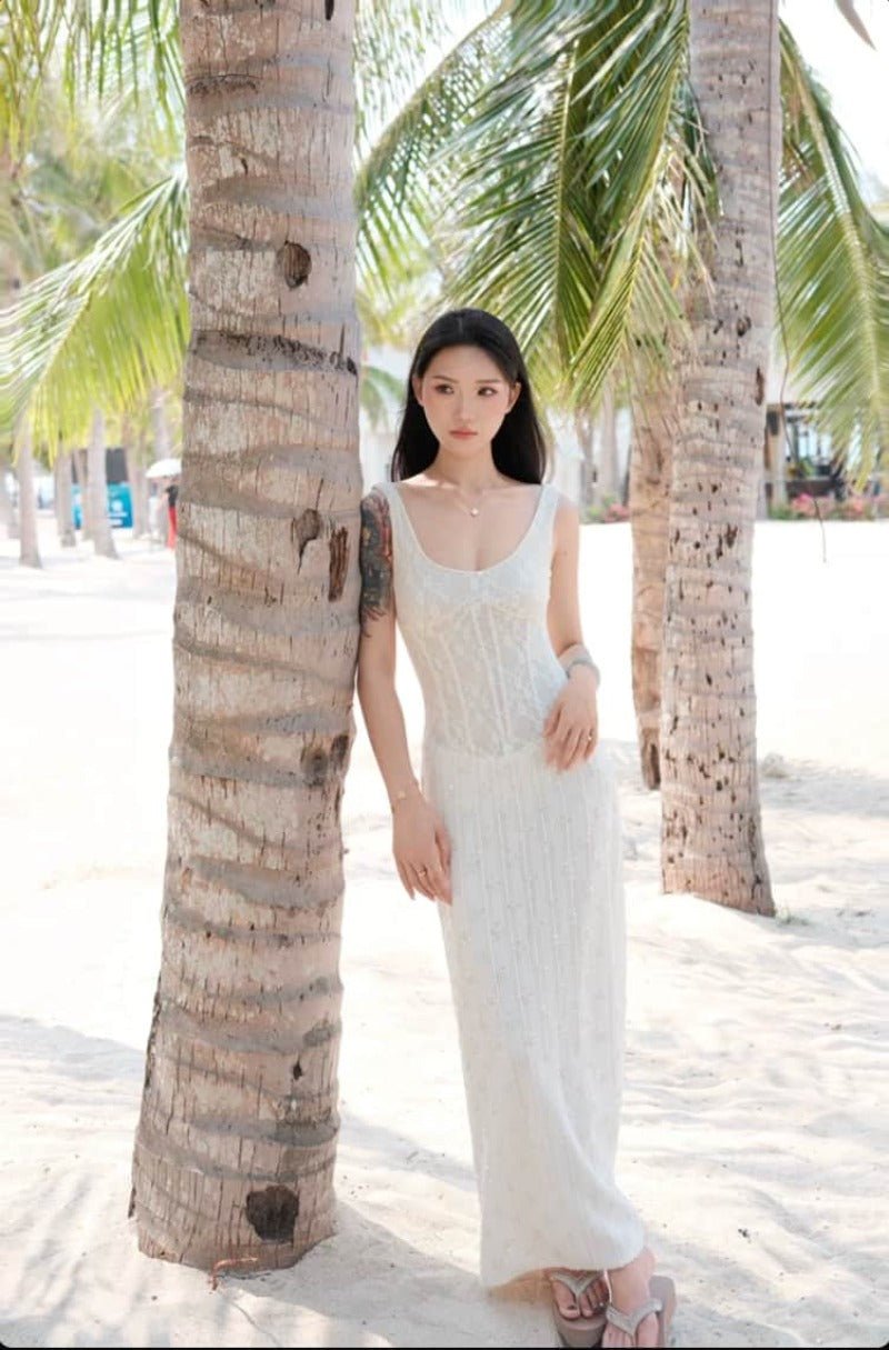 Ivory Lace Corset Square Neck Bodycon Maxi Dress - EveningVerse - 1 Main image
