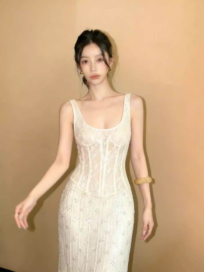 Ivory Lace Corset Square Neck Bodycon Maxi Dress - EveningVerse - 10