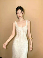 Ivory Lace Corset Square Neck Bodycon Maxi Dress - EveningVerse - 10