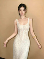Ivory Lace Corset Square Neck Bodycon Maxi Dress - EveningVerse - 8