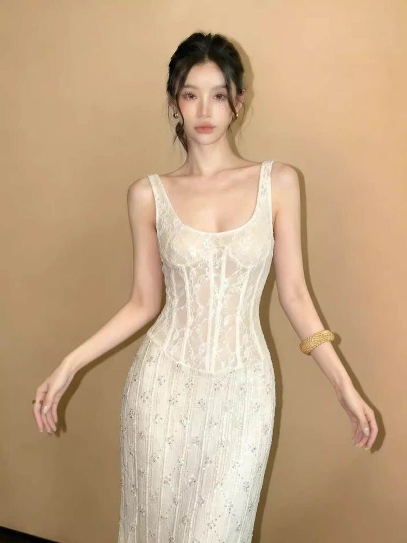 Ivory Lace Corset Square Neck Bodycon Maxi Dress - EveningVerse - 8