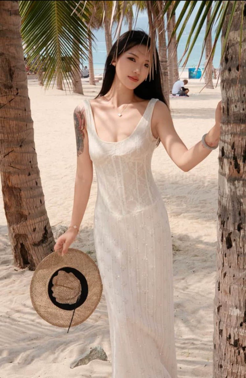 Ivory Lace Corset Square Neck Bodycon Maxi Dress - EveningVerse - 2