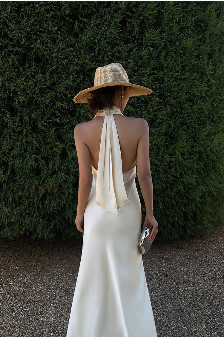 Ivory/Black Satin Halter V - Neck Open Back Slip Maxi Dress - EveningVerse - 3