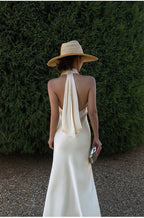 Ivory/Black Satin Halter V - Neck Open Back Slip Maxi Dress - EveningVerse - 3