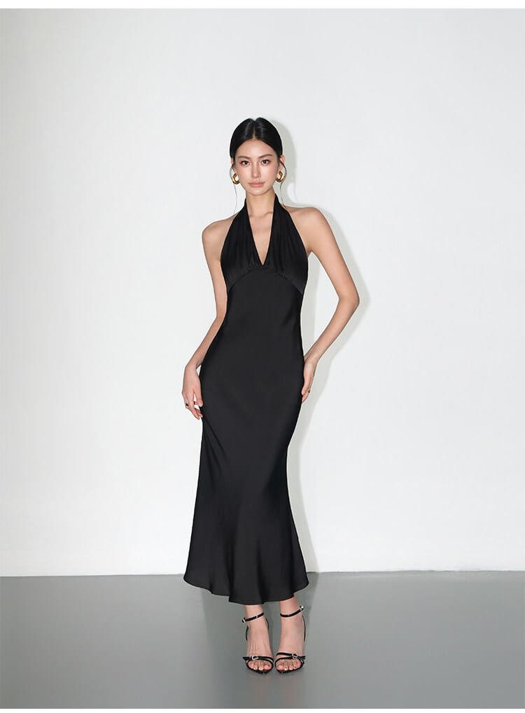 Ivory/Black Satin Halter V - Neck Open Back Slip Maxi Dress - EveningVerse - 8