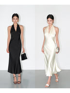 Ivory/Black Satin Halter V - Neck Open Back Slip Maxi Dress - EveningVerse - 9
