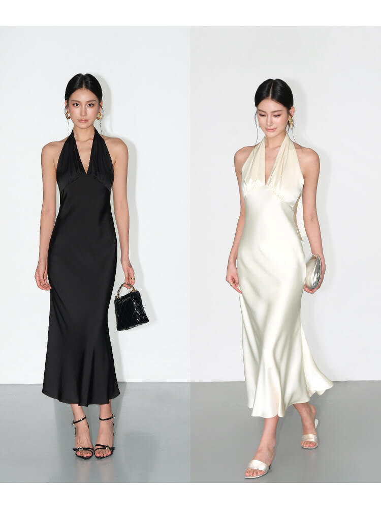 Ivory/Black Satin Halter V - Neck Open Back Slip Maxi Dress - EveningVerse - 9