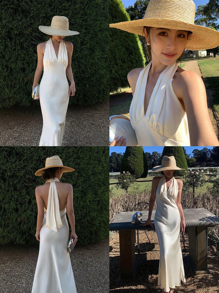 Ivory/Black Satin Halter V - Neck Open Back Slip Maxi Dress - EveningVerse - 11