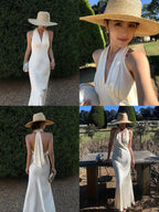 Ivory/Black Satin Halter V - Neck Open Back Slip Maxi Dress - EveningVerse - 11
