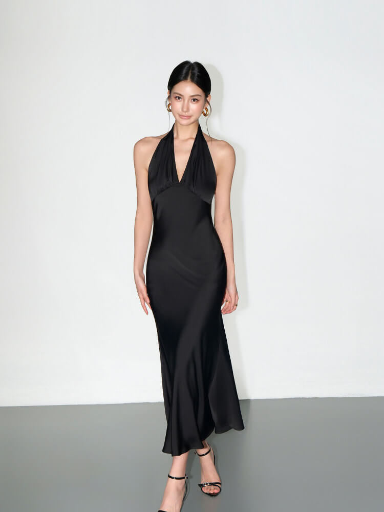 Ivory/Black Satin Halter V - Neck Open Back Slip Maxi Dress - EveningVerse - 12