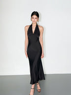 Ivory/Black Satin Halter V - Neck Open Back Slip Maxi Dress - EveningVerse - 12