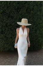 Ivory/Black Satin Halter V - Neck Open Back Slip Maxi Dress - EveningVerse - 5