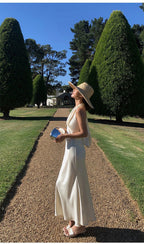 Ivory/Black Satin Halter V - Neck Open Back Slip Maxi Dress - EveningVerse - 4