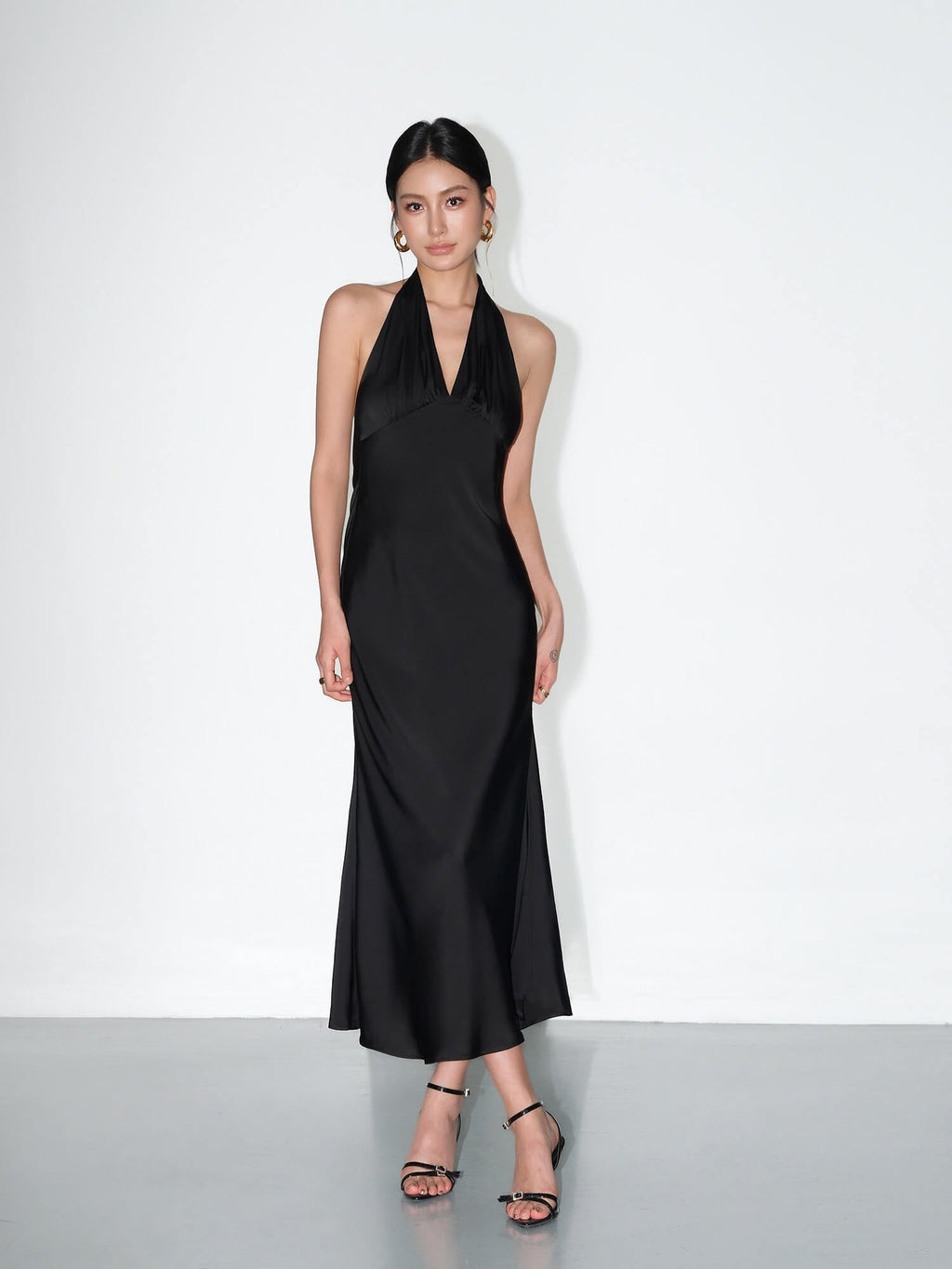 Ivory/Black Satin Halter V - Neck Open Back Slip Maxi Dress - EveningVerse - 14