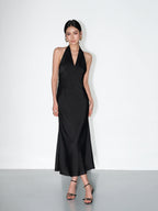 Ivory/Black Satin Halter V - Neck Open Back Slip Maxi Dress - EveningVerse - 14