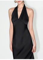 Ivory/Black Satin Halter V - Neck Open Back Slip Maxi Dress - EveningVerse - 2