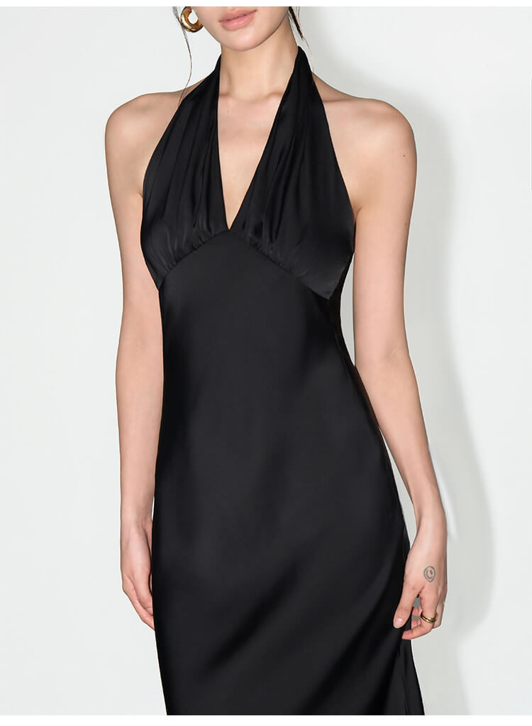 Ivory/Black Satin Halter V - Neck Open Back Slip Maxi Dress - EveningVerse - 2