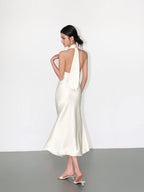 Ivory/Black Satin Halter V - Neck Open Back Slip Maxi Dress - EveningVerse - 13
