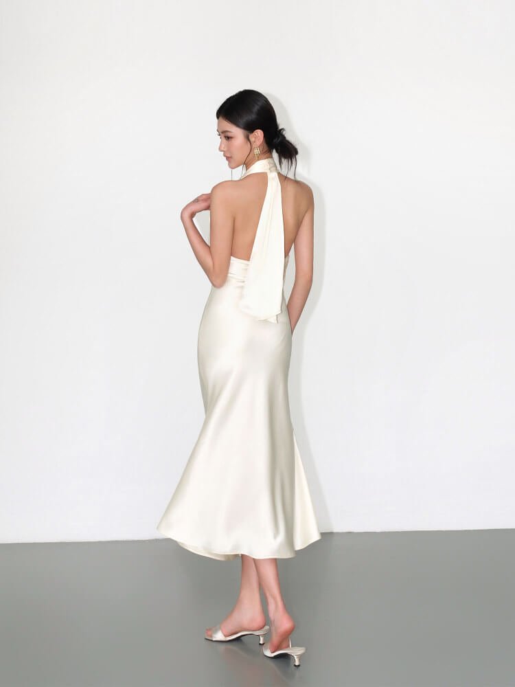 Ivory/Black Satin Halter V - Neck Open Back Slip Maxi Dress - EveningVerse - 13