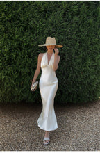 Ivory/Black Satin Halter V - Neck Open Back Slip Maxi Dress - EveningVerse - 7